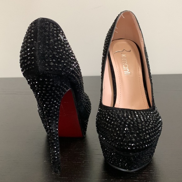 Black suede/rhinestone platform, stilettos - Picture 3 of 13